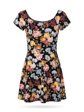 Forever 21 Black Floral Scoop Neck Skater Dress